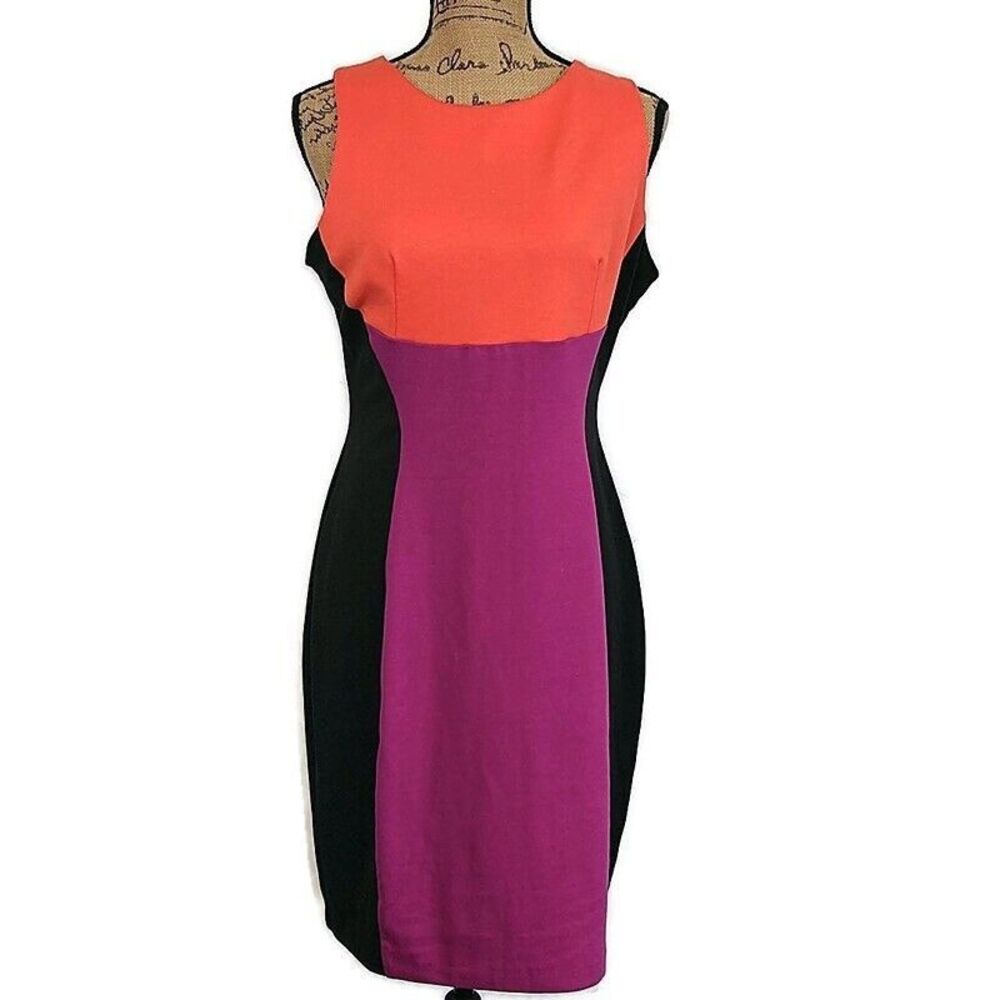 J Taylor Womens sz 12 Sheath Dress Knee Length Sleeveless Pink Orange Colorblock